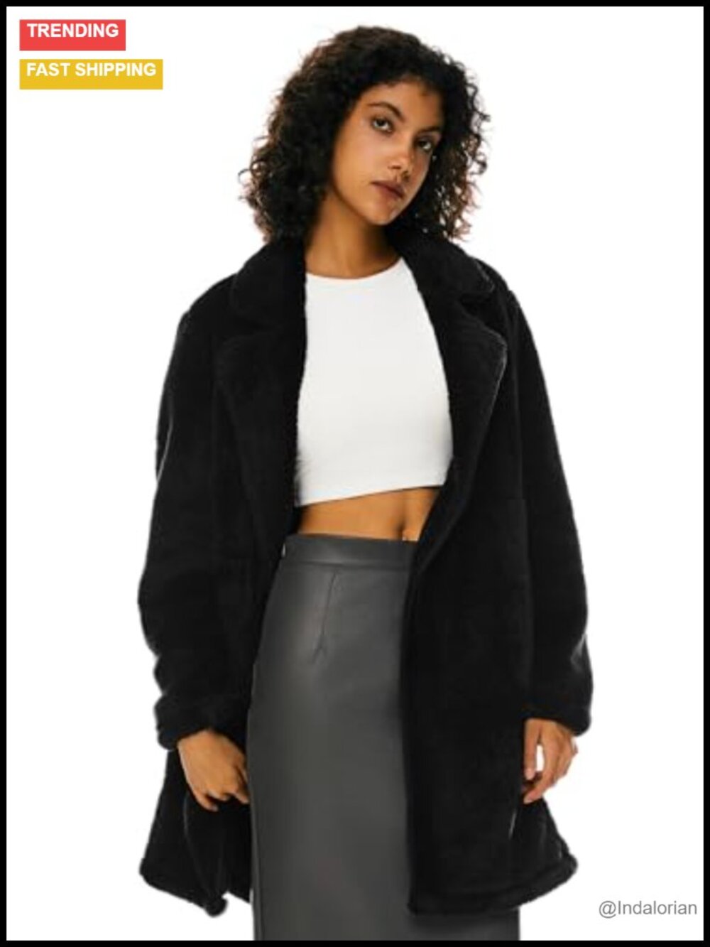 Fuzzy Fleece Jacket Long Sleeve Lapel Open Front Faux Fur Coat with Pockets